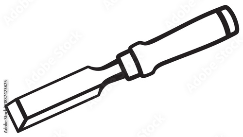 Black and white line drawing of a wood chisel with a beveled blade and wooden handle