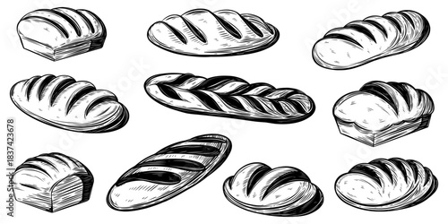 Set of different types of bread, pastry and buns. Vector black ink isolated illustration in sketch line style