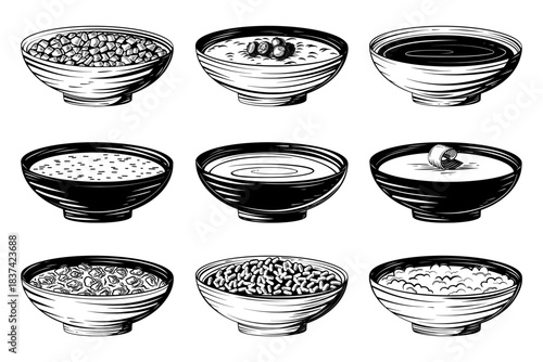 Set of different types of porridge for breakfast oatmeal, rice, buckwheat, flakes, corn. Vector black ink isolated illustration in sketch line style