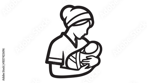 Minimalist black and white line drawing of a mother lovingly holding her newborn baby in her arms