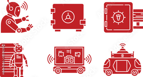 Red Robot and Automation Icons Set Safe and Autonomous Vehicle Graphics Keywords: robot, automation, icon, set, technology