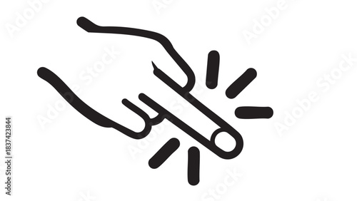Simple black line illustration of a hand pointing or pressing down with emphasis lines indicating interaction or action