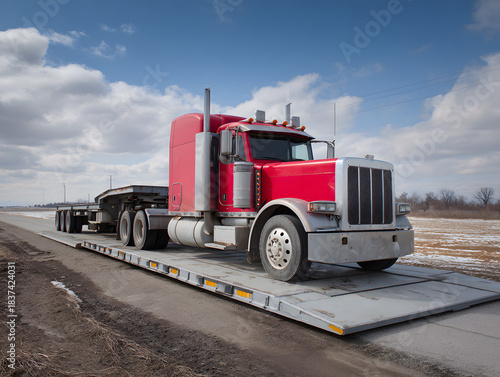 A truck with a trailer on a scale used to measure maximum load. Neural network AI generated art