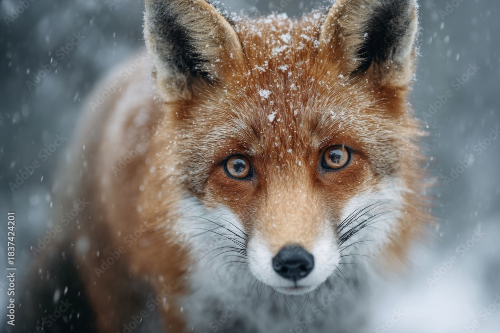 Fototapeta premium Red Fox Stands in Snow During Winter With Snowflakes Falling Around in a Forest Setting