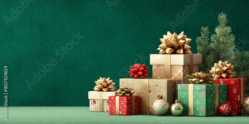 Green Christmas background with New Year's gifts and decor. New Year's atmosphere. Shiny ribbons. Green background. Greeting card or banner.