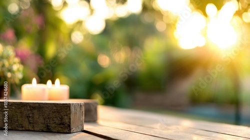 Wallpaper Mural Candles on wooden table with sunlight and plants in the background at evening Torontodigital.ca