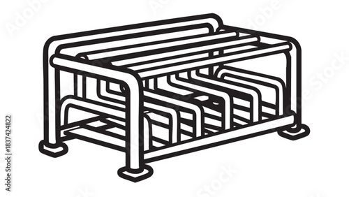 Black and white illustration of a metal bike rack with multiple slots designed for parking bicycles securely