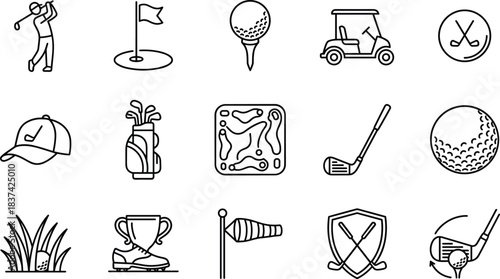 Golf icon set, black and white vector, golfer, swing, club, ball, tee, cart, gear, trophy, course, map, cap, wind sock