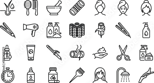 Hair care icon set, black and white vector, shampoo, conditioner, hairbrush, straightener, dryer, scissors, towel wrap, styling tools, grooming, spa
