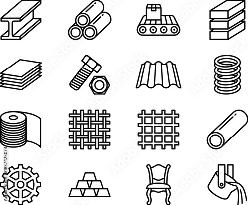 Industrial materials icon set, black and white vector, manufacturing components, metal, gear, pipe, bolt, mesh, spring, rod, furniture, factory, hook