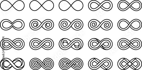 Infinity symbol icon set, black and white line drawings, endless loop variations, vector illustration, abstract continuity graphics, mathematical and philosophical elements