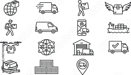 Logistics and delivery icon set, black and white vector, shipping, courier, truck, drone, GPS, warehouse, package, freight, transport, express
