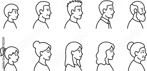 Profile, age, gender, human, icon, male, female, child, adult, elderly, face, head, demographic, avatar, aging, people, generation, youth, senior, diversity, illustration, silhouette, identity