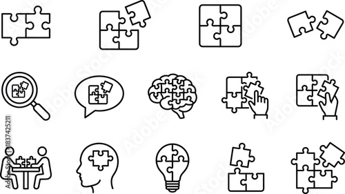 Puzzle icon set, black and white vector, problem solving, collaboration, brain, idea, teamwork, light bulb, speech bubble, magnifying glass