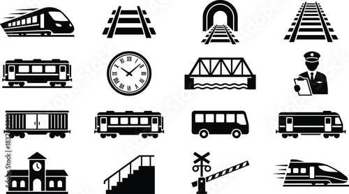 Railway and train icon set, black and white vector, high-speed train, station, tracks, tunnel, bridge, conductor, freight, passenger, engine, crossing