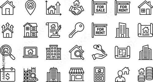 Real estate icon set, black and white vector, property, house, building, sale, rent, contract, key, search, finance, construction, planning