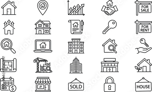 Real estate icon set, black and white vector, property, house, building, sale, rent, key, contract, search, construction, finance, management