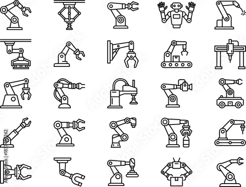 Robotic arm icon set, black and white vector, automation, industrial robot, gripper, welding, assembly, humanoid, mobile robot, machinery, factory, AI