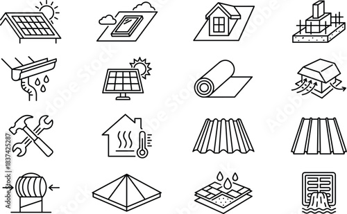 Roofing and construction icon set, black and white vector, solar panel, skylight, insulation, gutter, vent, waterproofing, drainage, HVAC, tools, home