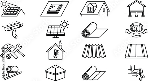 Roofing and home improvement icon set, black and white vector, solar panel, skylight, gutter, insulation, turbine vent, tools, roofing material