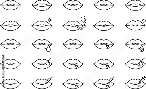 Stylized lip icon set, black and white vector, fashion, emotion, beauty, accessory, expression, cherry, heart, syringe, sparkle, cigarette, teardrop