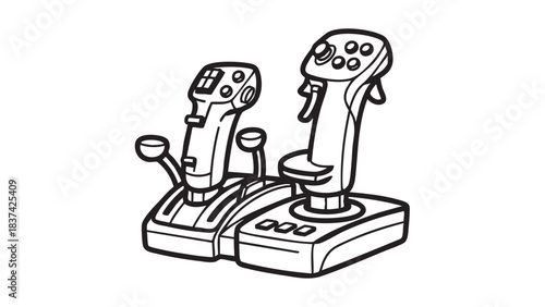 Dual flight joystick controllers for gaming, technology concept illustration, isolated on white background, front view, graphic design