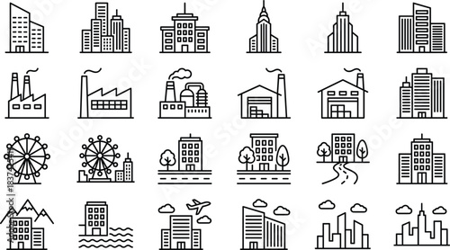 Urban architecture icon set, black and white vector, skyscraper, house, factory, ferris wheel, airplane, mountain, cityscape, building, construction, landmark