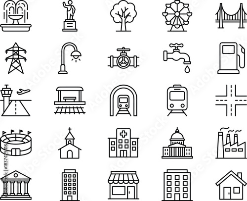 Urban infrastructure icon set, black and white line drawings, public facility symbols, city elements vector, architectural design, municipal structures, community planning icons