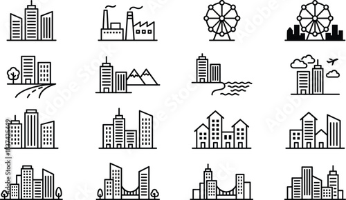 Urban scene icon set, black and white vector, cityscape, building, house, factory, ferris wheel, mountain, tree, water, road, skyline