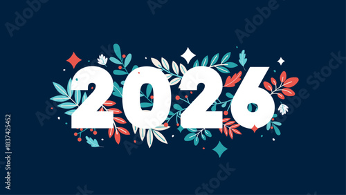 Horizontal vector banner with large 2026 typography and colorful decorative leaves. Perfect for headers and social media for New Year.