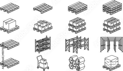 Warehouse logistics icon set, isometric vector, pallet, box, shelf, rack, hand truck, shrink wrap, storage, inventory, packaging, material