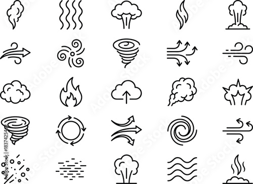 Weather icon set, black and white vector, wind, cloud, tornado, fire, steam, swirl, atmosphere, motion, energy, abstract, meteorology