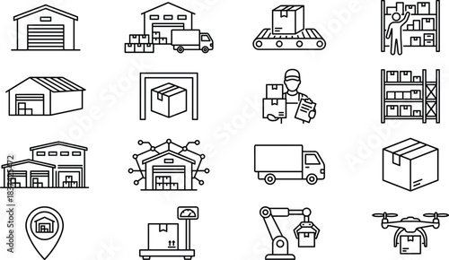 Warehouse, logistics, delivery, supply, chain, storage, automation, smart, shipping, truck, box, drone, robotic, inventory, management, icon, system, scanner, checklist, location