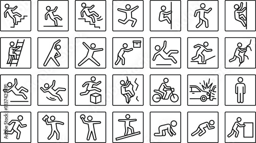 Activity, safety, incident, human, icon, falling, slipping, running, climbing, jumping, lifting, tripping, crawling, pushing, hazard, accident, crash, bicycle, stairs, danger