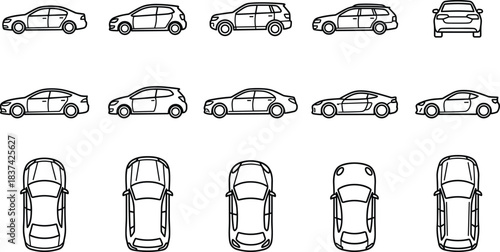 Car illustration set, black and white vector, sedan, hatchback, SUV, station wagon, sports car, top view, side view, rear view