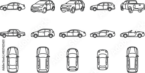 Car illustration set, black and white vector, sedan, SUV, hatchback, pickup truck, convertible, sports car, top view, side view