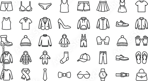 Clothing and accessories icon set, black and white line drawings, fashion symbols, vector illustration, seasonal wear graphics, garment and style elements