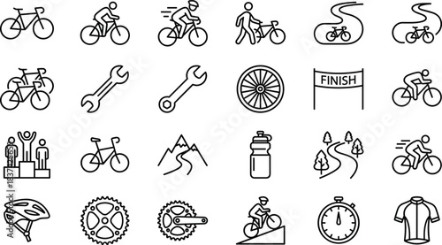 Cycling and racing icon set, black and white vector, bicycle, helmet, jersey, gear, crankset, stopwatch, podium, mountain, wrench, finish line