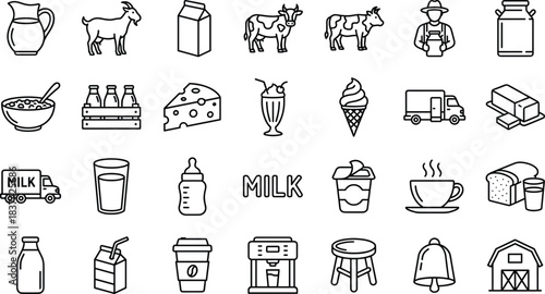 Dairy and milk product icon set, black and white line drawings, farm-to-table symbols, vector illustration, food and beverage graphics, nutrition elements