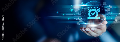 Agile concept, Businessman hold Agile icon representing flexible development, rapid iteration, collaborative teamwork and adaptive project management.