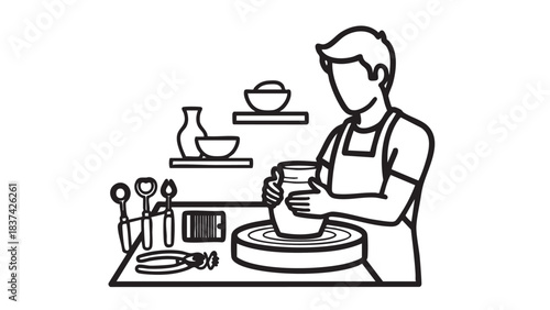 Crafting with Clay: A skilled artisan, engrossed in their craft, molds clay on a pottery wheel, surrounded by tools of the trade, the image is a testament to the timeless art form.
