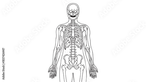 Anatomy of Human Skeleton: A detailed line drawing of the human skeleton, illustrating the intricate framework of bones that supports the body and protects vital organs.