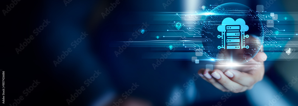 Fototapeta premium Cloud Computing concept, Businessman hold Cloud Computing icon on a virtual cloud network interface with scalable infrastructure, digital access and modern technology solutions.