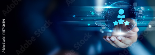 Customer Satisfaction concept, Businessman hold Customer Satisfaction icon. service quality, positive experience, feedback improvement, trust building, customer retention, brand loyalty