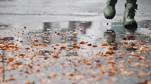 A person is walking on a wet sidewalk with leaves scattered on the ground. The leaves are wet and shiny, and the water on the ground reflects the leaves and the person's shadow