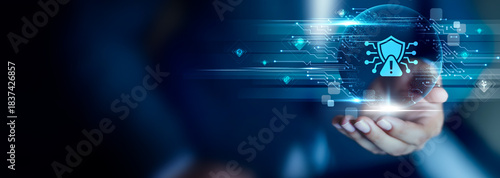 Cybersecurity concept, Businessman hold Cybersecurity icon. data protection, threat prevention, secure access, risk mitigation, network defense, digital safety