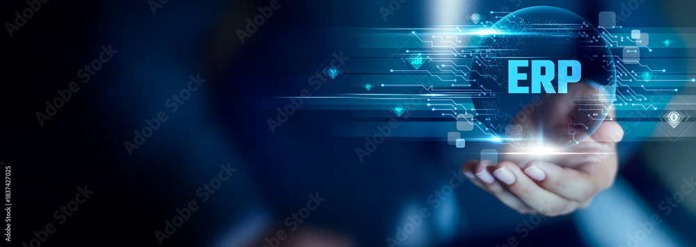 Fototapeta premium ERP concept, Businessman hold ERP text. unified systems, workflow automation, data synchronization, business coordination, resource control, operational accuracy