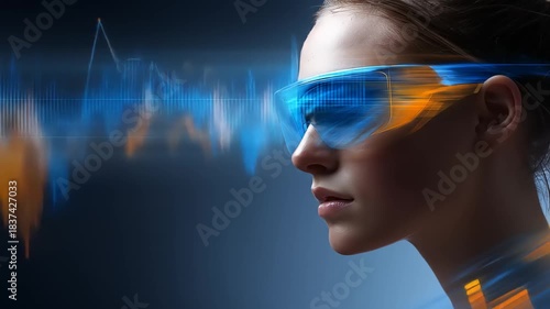Futuristic Woman in VR Glasses Experiencing Virtual Reality.