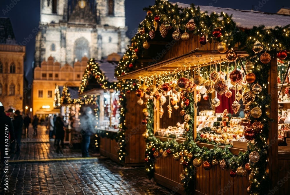 Fototapeta premium Beautifully decorated wooden Christmas market stall adorned with glowing fairy lights, shiny ornaments, and green garlands at a festive European-style winter fair at night