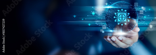 Quadro su tela Machine Learning concept, Businessman hold Machine Learning icon